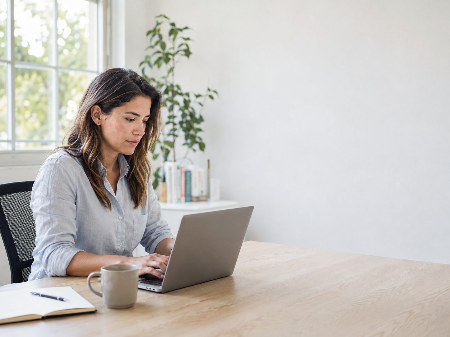 Proprietária de uma empresa de serviços trabalhando no laptop em seu escritório.
