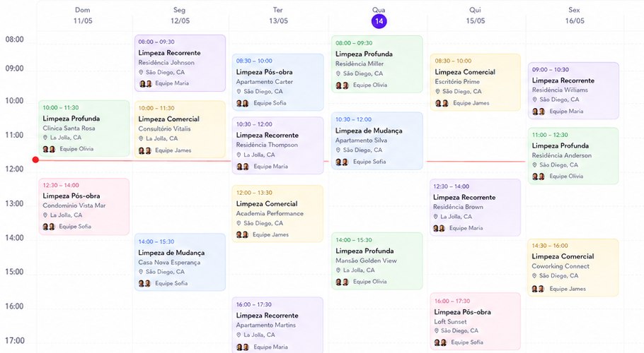 Agenda semanal do MaidOS, com os serviços distribuídos por dia, horário e equipe.