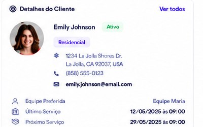 Ficha de cliente do MaidOS com dados de contato, equipe preferida e histórico de serviços.